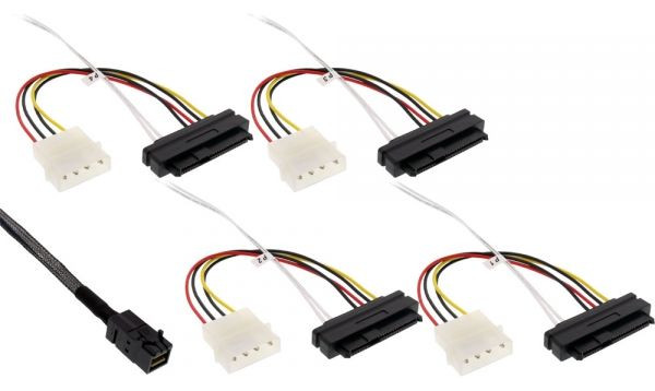 Festplattenkabel Mini-SAS SFF-8643 an 4x SFF-8482 29-polig + Strom, 0.5m