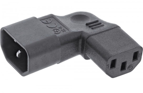 Adapter Kaltgeräte Stecker C14 zu C13 gewinkelt links-recht für 220V Stromkabel, Farbe: schwarz