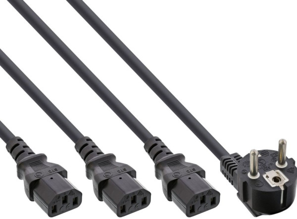 Kaltgeräte-Y-Kabel mit 3 Steckern ca. 1m schwarz 220V Stromkabel, 1xSchuko Stecker an 3xKaltgeräte-Steckern
