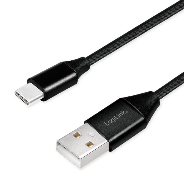USB-Kabel 2.0 C-Stecker an A-Stecker ca. 1m, Schwarz, Stoff zum Schnell-Laden von Smartphones mit USB Typ-C am PC