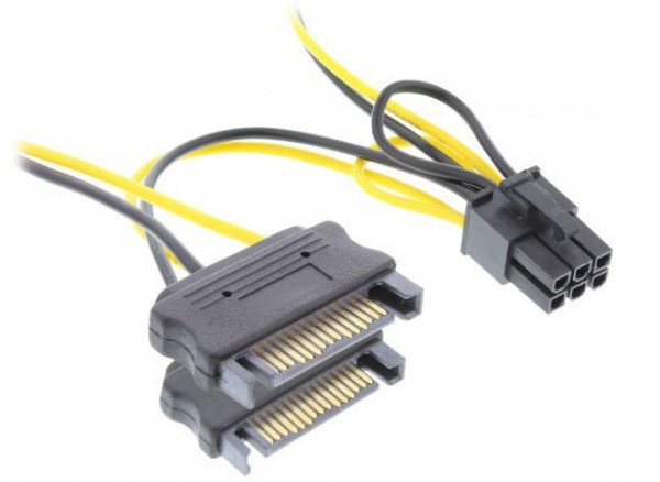 Stromversorgungs-Adapter 2x SATA-S an 1x 6pol. PCIe 2x SATA Stromstecker an 1x 6-polig PCI-Express