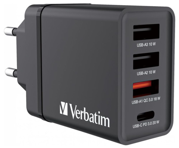 Ladegerät USB-Netzteil USB-C und 3xUSB-A PD QC Verbatim 100-240V, 30W, max. 5A, Schwarz