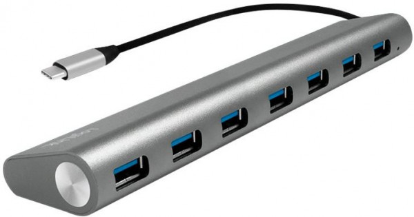 USB-Hub (USB 3.0) USB-C Stecker an 7x USB-A Buchse Plug and Play, Logilink Aluminium Grau