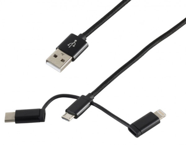 USB-Kabel Lightning 3-in-1 für Apple Nylon 1m Innovation für iPad, iPhone, iPod, Gehäusematerial: PVC und ALU
