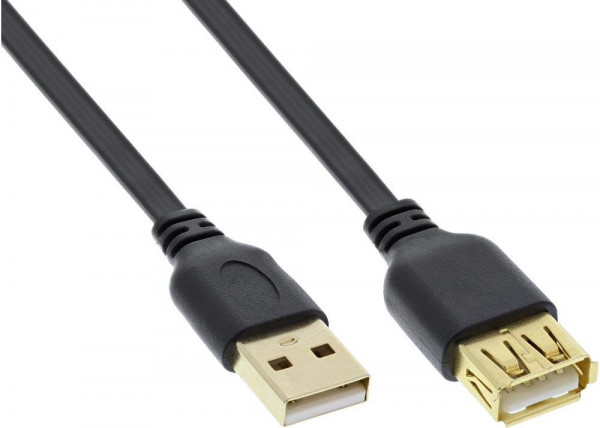 USB-Verlängerung 2.0 Flachkabel A-A S-B 1.5m vergoldet Stecker an Buchse, vergoldete Kontakte