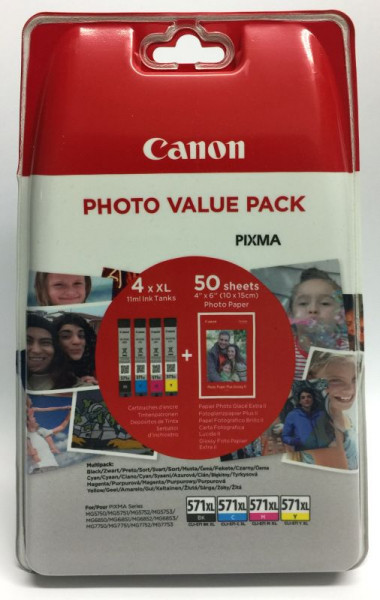 Tinte Canon CLI-571XL 4er Value Pack c/m/y/bk Original je 11 ml cyan/magenta/yellow/black, inkl. Fotopapier-Pack