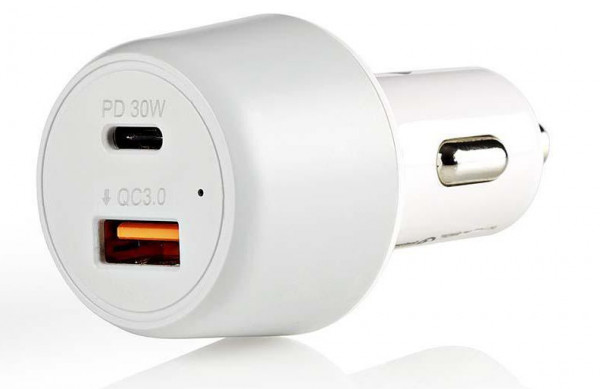USB KFZ Ladegerät 1x USB-C, 1x USB (QC 3.0) 30W USB-C-Autoladegerät bis 3.0A, Weiß