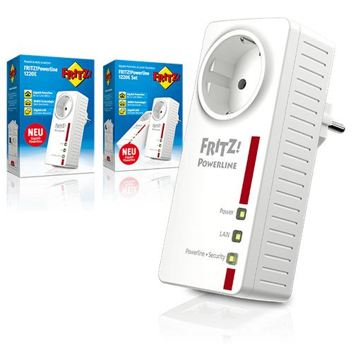 dLAN-Adapter FRITZ!Powerline 1220E 2er Set 2x Gigabit-LAN über Stromleitung, mit integrierter Steckdose