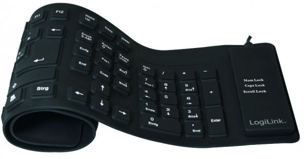 Tastatur Logilink flexibel USB inkl. PS/2-Adapter ID0019A staubdicht, schmutzdicht, wasserdicht, schwarz