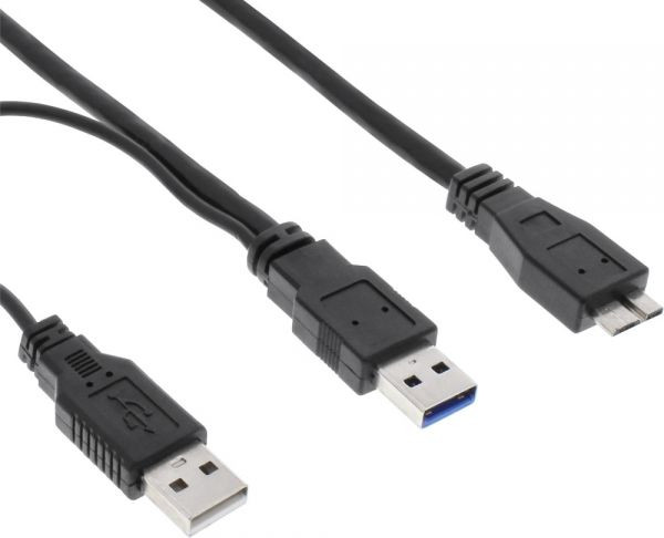 Kabel USB 3.0 Y-Kabel 2xA an Micro B schwarz 0,2m zum Verbinden von USB 3.0 Festplatten an PCs