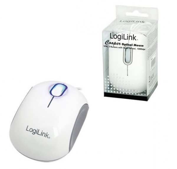Maus LogiLink ID0093A weiß/grau USB PnP optische Minimaus mit 3 Tasten, 1000 dpi