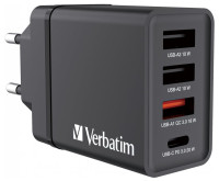 Ladegerät USB-Netzteil USB-C und 3xUSB-A PD QC Verbatim 100-240V, 30W, max. 5A, Schwarz